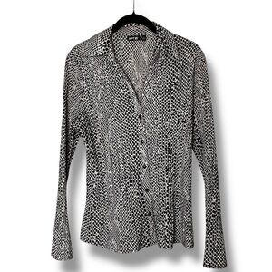 Apt. 9 Womens Button-Down Long-Sleeve Blouse Black & White Animal Print Size l